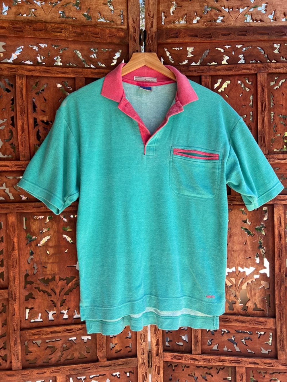 Vintage Levi's Men's Teal Polo with Pink Trim